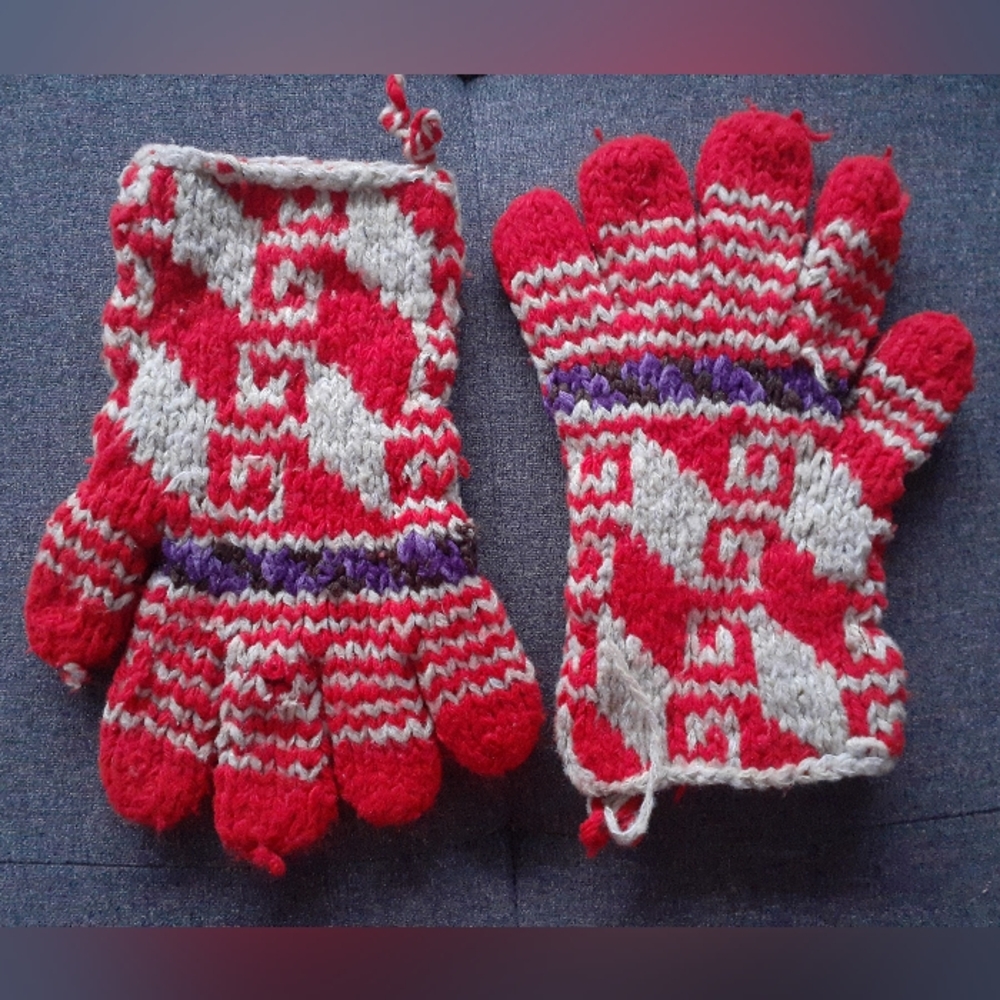 Hand-knit Wool Gloves with red, beige, and purple design